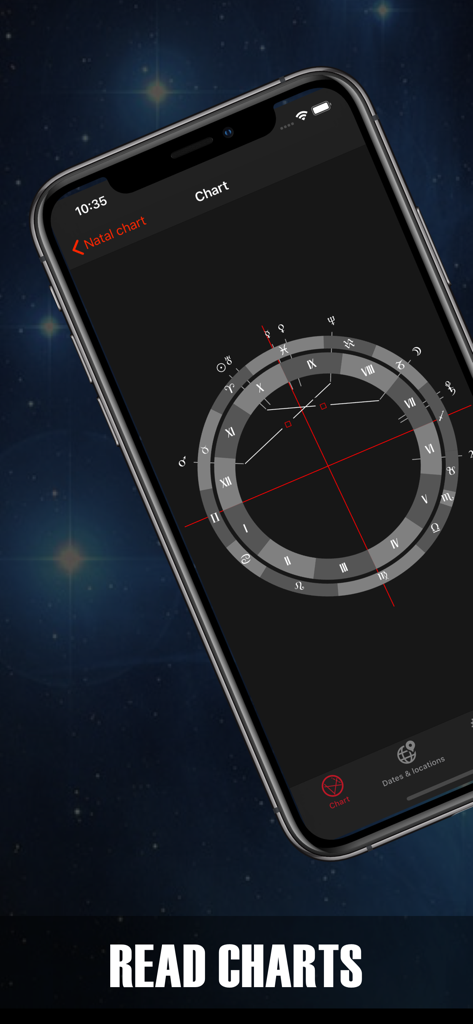 Professional natal astrology chart displayed on a smartphone screen.