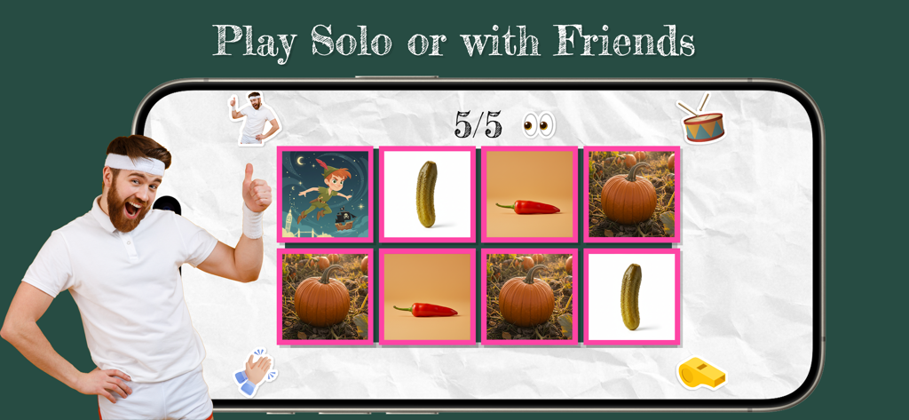 Say the Word on Beat Challenge - Gameplay screen of the Say the Word on Beat Challenge app showing a grid of images and a person celebrating.