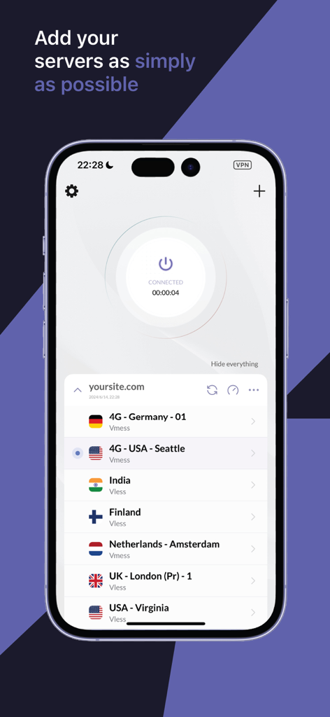Un écran de smartphone affichant l'application Happ Proxy Utility avec une liste de serveurs proxy disponibles.