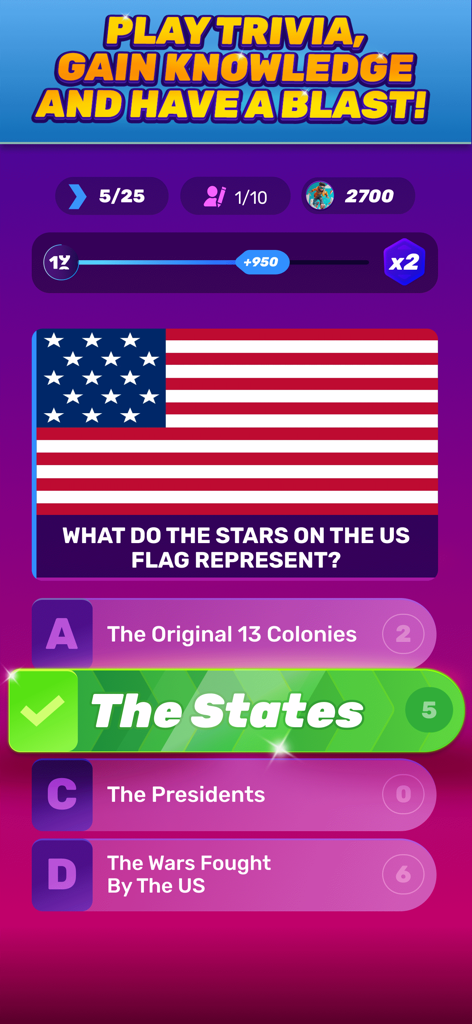 Gameplay screen of Trivia Royale quiz game featuring a question about the American flag