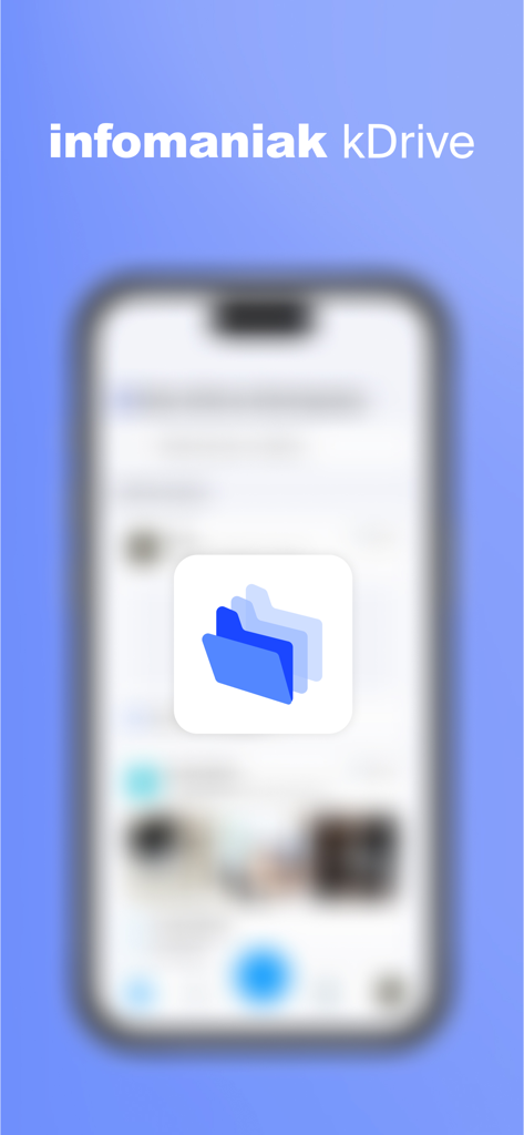 Infomaniak kDrive app splash screen with logo and blurred phone display