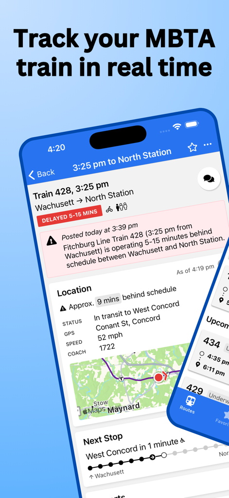 MBTA Rail • Commuter Rail - MBTA Rail app interface showing real time train location tracking delay alerts and GPS map