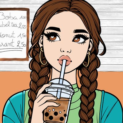 realistic girl with braided hair drinking boba