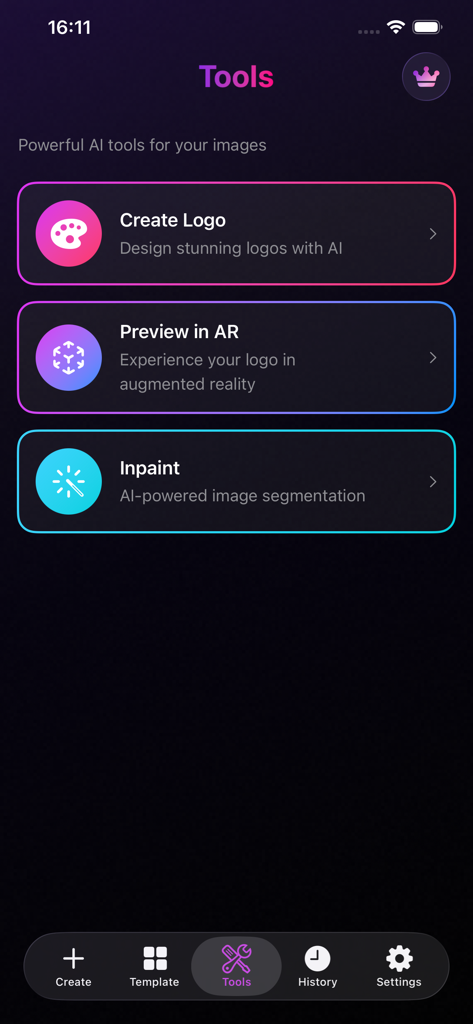 Logo Maker - AI Design - Logo Maker AI design app tools menu with options for creating logos AR preview and image inpainting
