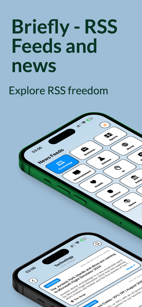 Briefly - RSS reader and news - Briefly RSS reader app interface showing news feed categories and technology articles