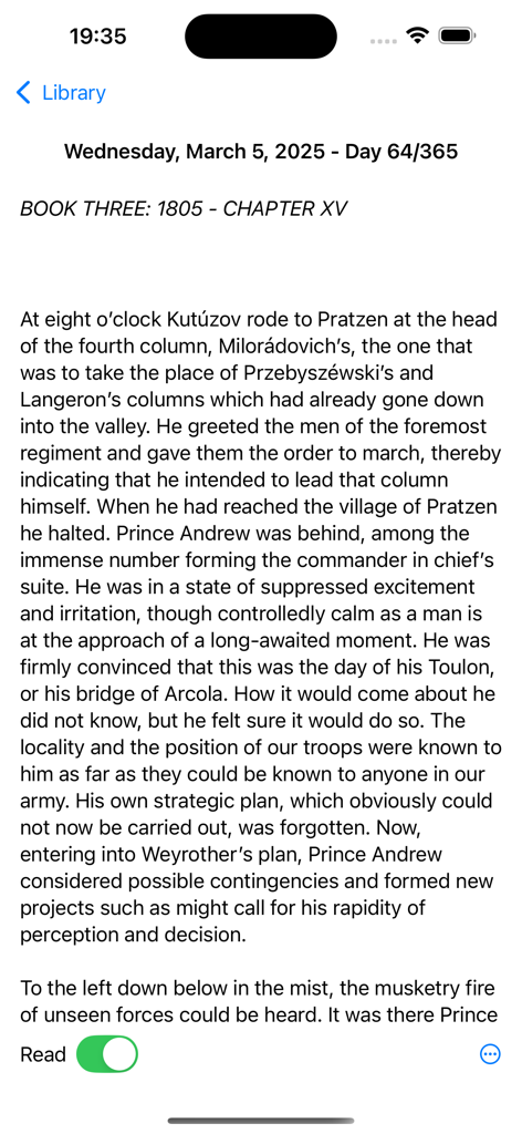 Interface of the Readsy app showing a daily reading passage from a classic novel with a toggle to mark the day as read