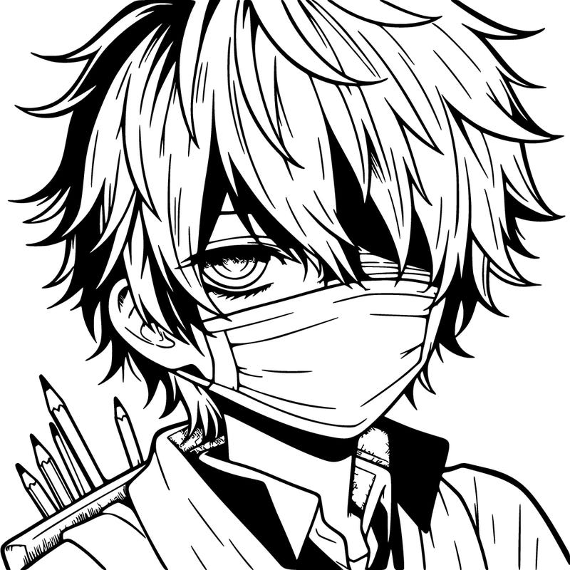 manga boy with hair covering one eye and a mask over his mouth