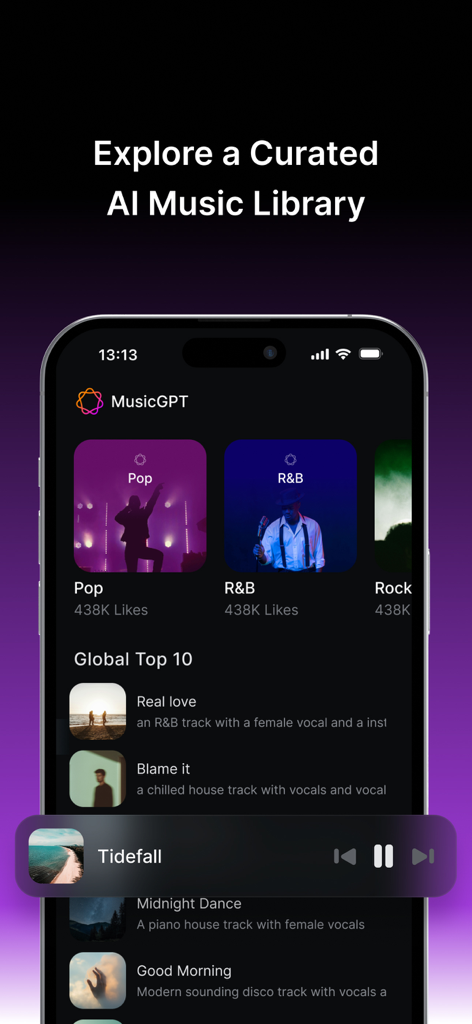 Interfaz de la aplicación MusicGPT que muestra una biblioteca de música IA curada con géneros Pop y R&B y una lista de los 10 principales a nivel mundial