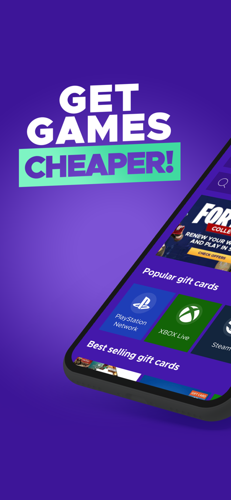 Interface de l'application mobile Eneba montrant des cartes cadeaux à prix réduit pour PlayStation et Xbox avec le slogan Achetez des jeux moins cher