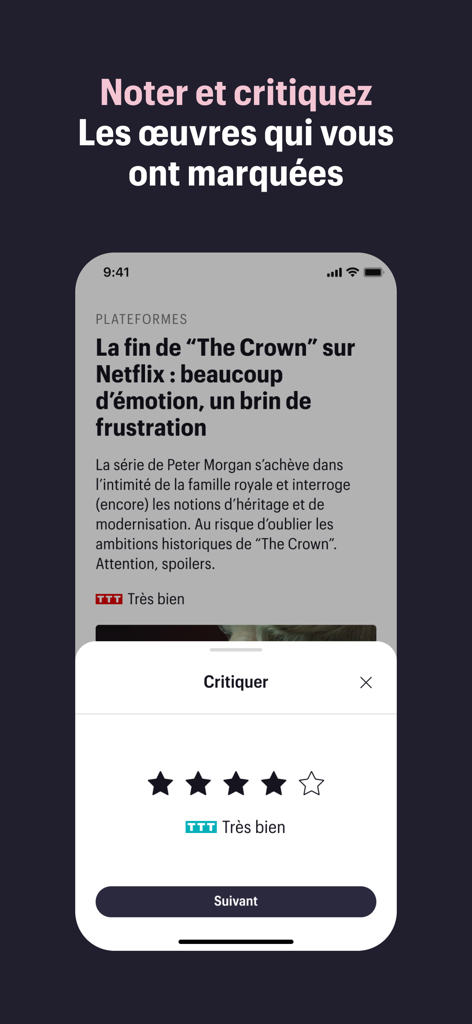 Télérama : culture, tv, cinéma - A screenshot of the Telerama app displaying a review for The Crown and a star rating interface for user feedback.