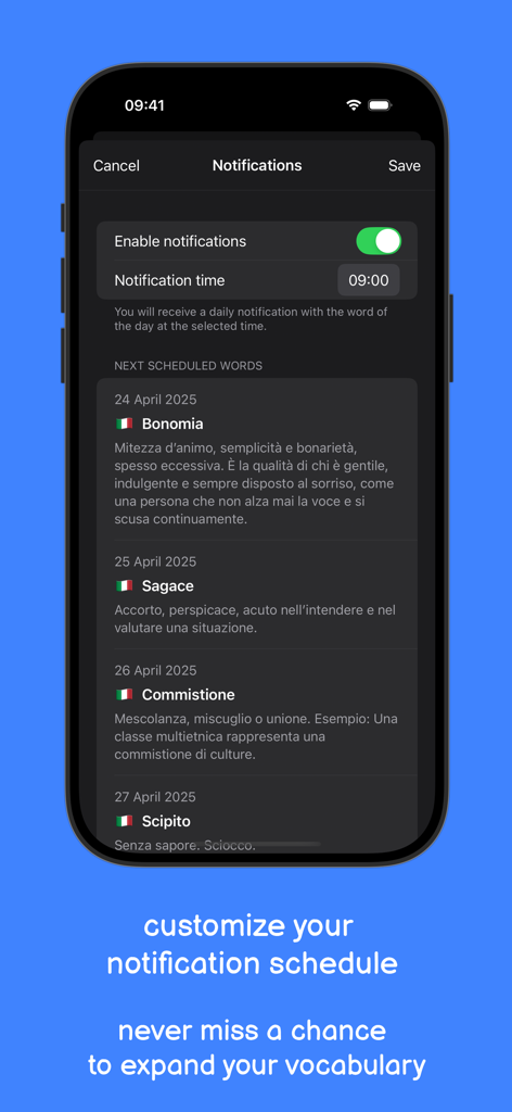 Word of the day - App screen showing custom daily notification settings and a list of upcoming vocabulary words.