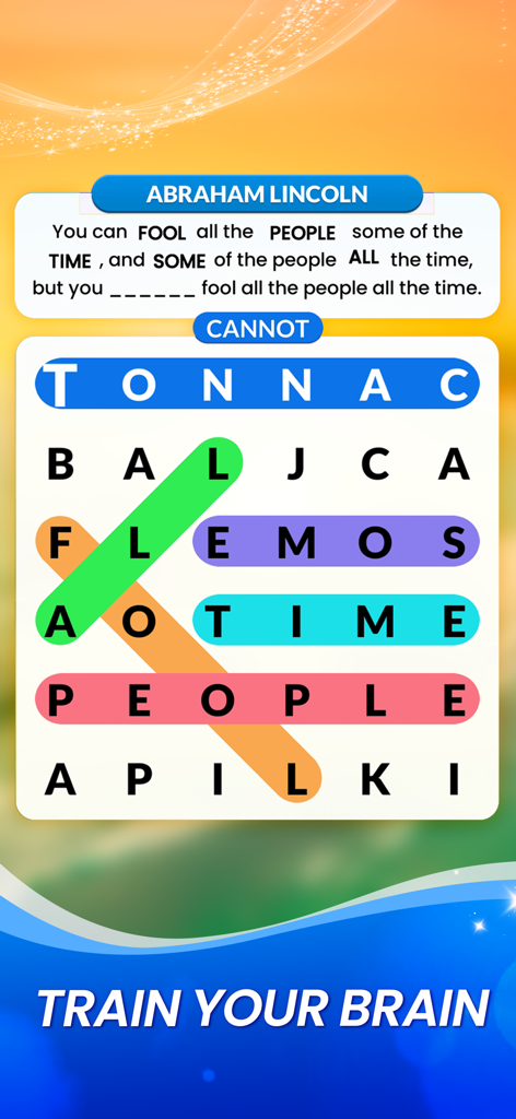 Word Search Trip - A colorful mobile word search puzzle screen featuring a quote by Abraham Lincoln and a letter grid with highlighted words.