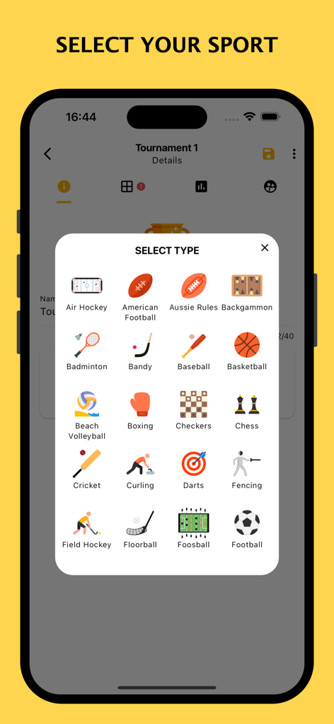 A screen from the Winner tournament maker app showing a variety of sports types to choose from including football basketball and baseball