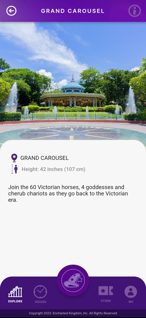 Enchanted Kingdom - Enchanted Kingdom mobile app screen displaying details and height requirements for the Grand Carousel attraction.