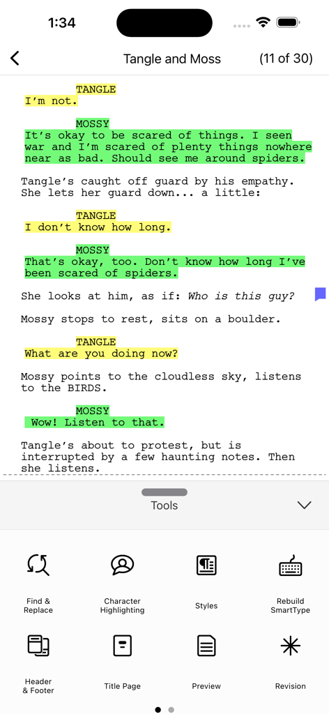 Final Draft Go mobile interface showing a screenplay with color coded character highlighting and the production tools menu