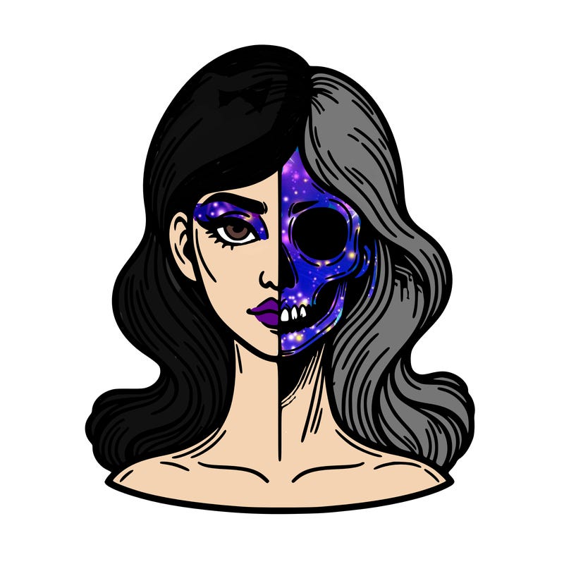 bust of a woman, half face and hair, half skull