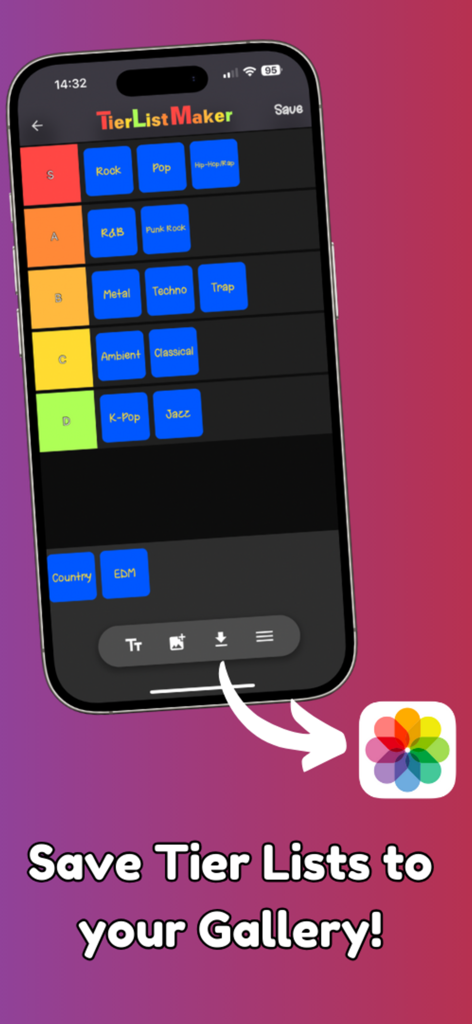 Smartphone screen showing a music genre tier list being saved to the photo gallery.