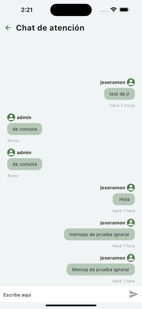 Interfaz de chat de soporte al cliente de la App Valle Escondido