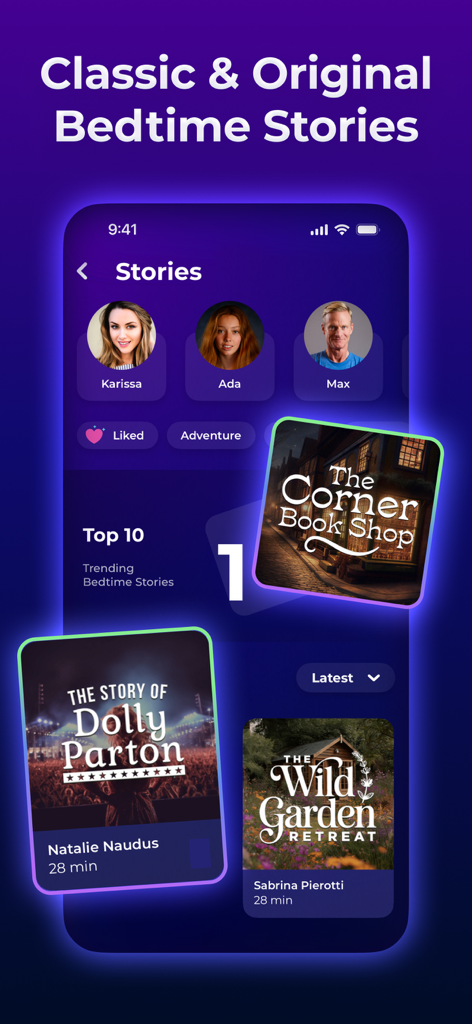 Sleepiest: Sleep Meditations - Sleepiest app interface showcasing a selection of classic and original bedtime stories featuring professional narrators.