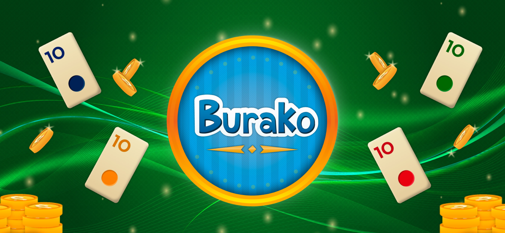 Burako - Burako game logo featuring numbered tiles and gold coins on a green background