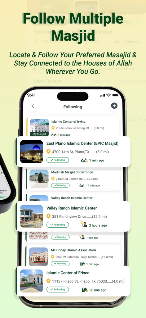 CMZ (ConnectMazjid) - Events - Interface of the ConnectMazjid app showing a list of followed masjids in Texas with their names and addresses
