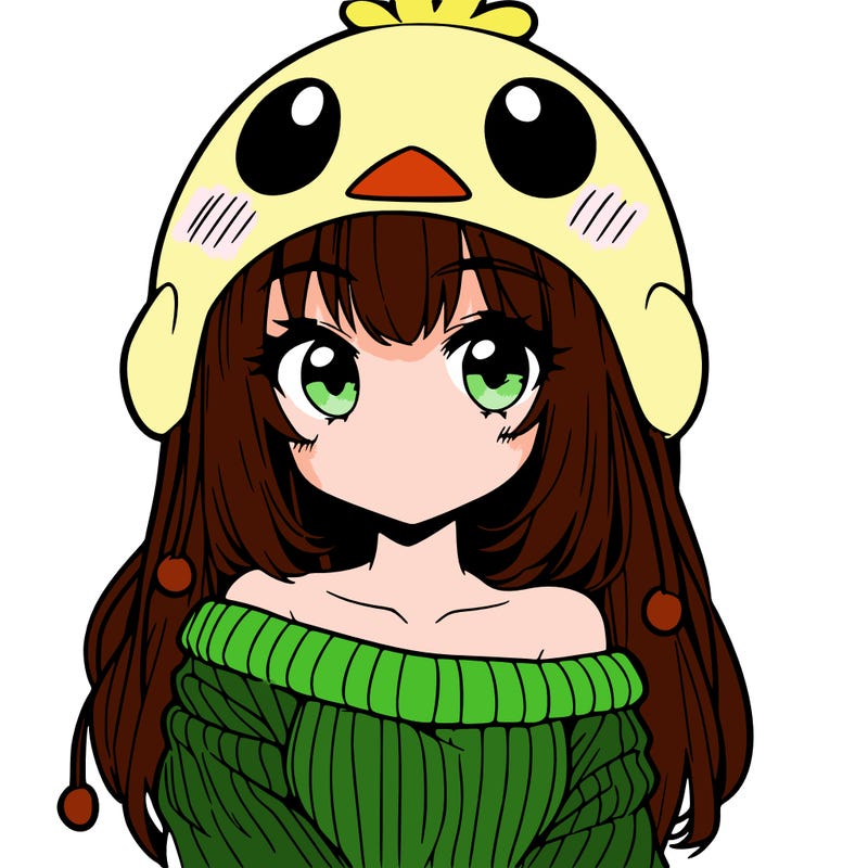 anime girl with chick shaped hat with sweater with bare shoulders with bangs covering them one eye with low tail