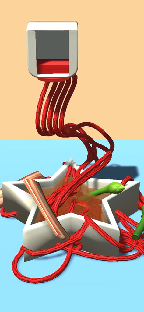 Noodle Master - ヌードルマスターゲームで、星型のラーメン丼に赤い麺を押し出している麺機