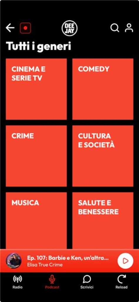 Radio Deejay - Radio Deejay app interface showing a grid of podcast categories including Cinema, Comedy, Crime, and Music