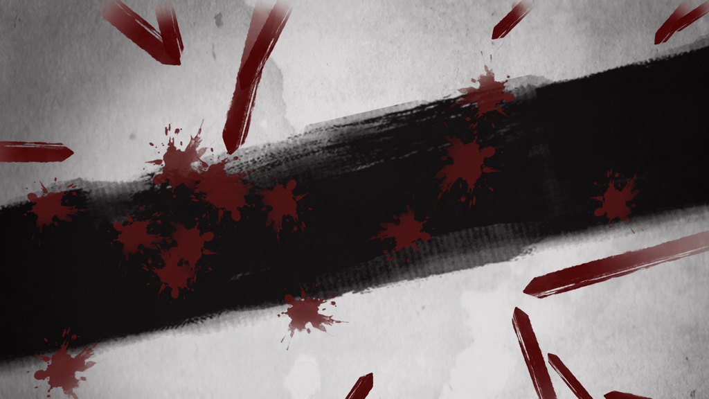 The Swords - Pittura minimalista ad acquerello con tratti di spada rossi nel gioco The Swords