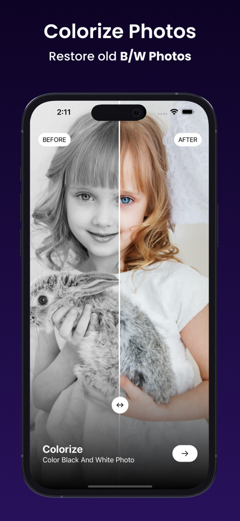 Ai Photo Retouch -Video Editor - Confronto prima e dopo di una foto in bianco e nero colorizzata dall'app Ai Photo Retouch