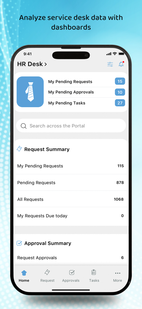 ServiceDesk Plus Cloudアプリのダッシュボード。人事デスクの指標と保留中のタスクの概要が表示されています。
