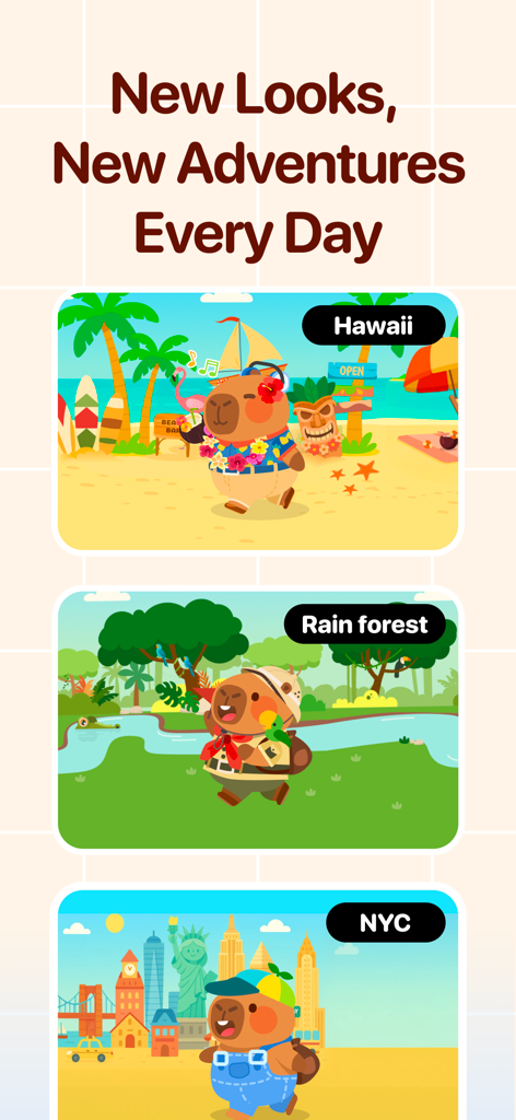 Capy: Self-Care Pet & Planner - Um pet capivara mostrado em diferentes roupas e locais, incluindo Havaí e Nova York