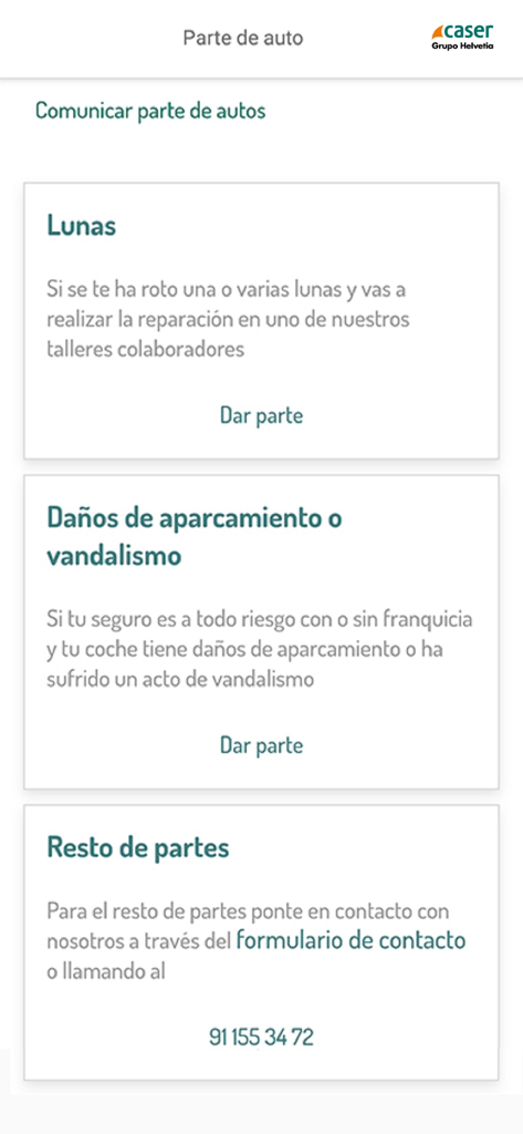 Caser mobile app screen for reporting car insurance claims including windshield damage and vandalism
