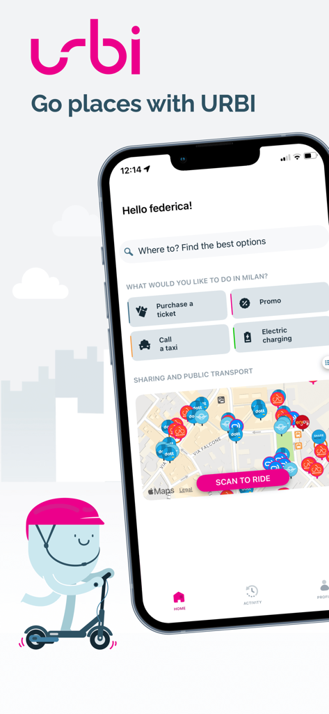 Panel de la aplicación móvil URBI con opciones de transporte urbano y un mapa interactivo que muestra scooters y bicicletas disponibles