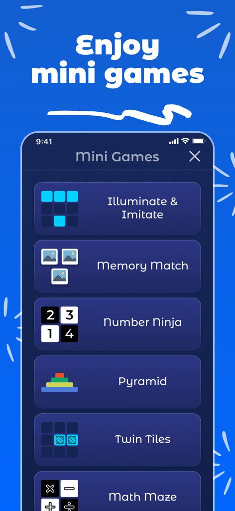 Quizy - General Knowledge Quiz - Una lista de minijuegos educativos en la aplicación Quizy, incluyendo Memory Match y Number Ninja