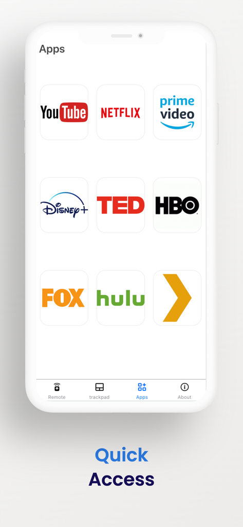 All TV Remote Control - Wifi - Interface do aplicativo móvel mostrando botões de acesso rápido para serviços de streaming populares como Netflix e YouTube.