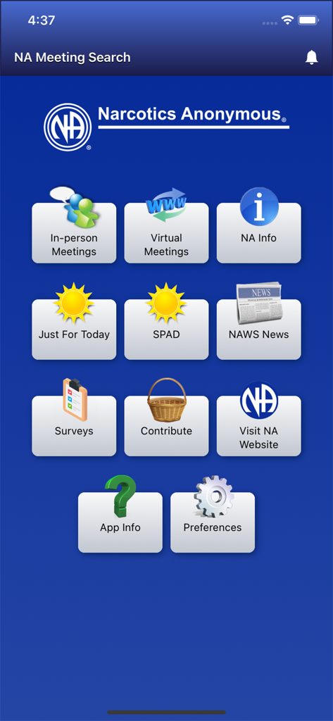 Home screen of the NA Meeting Search app displaying icons for meeting locations and daily recovery readings