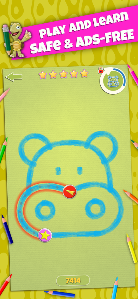 Uno screenshot dell'app LetraKid che mostra un'attività di tracciamento dell'ippopotamo per bambini con un banner di gioco sicuro e educativo