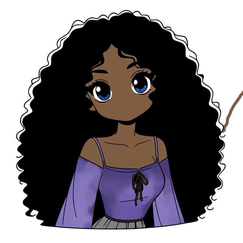 a black anime girl with long afro hair