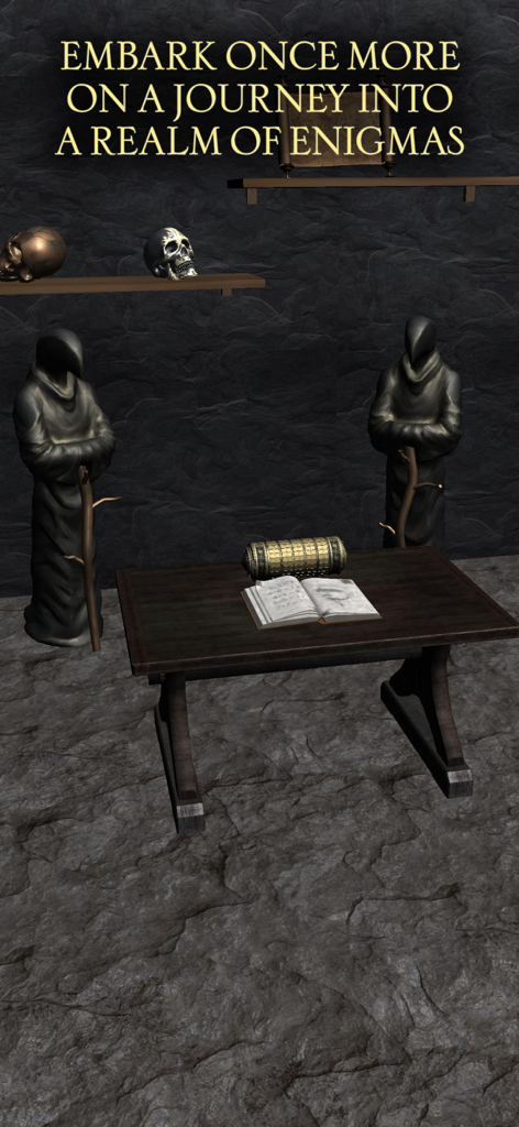 The Da Vinci Cryptex 3 - A mysterious dark room with a cryptex and a handwritten book on a wooden table between hooded statues