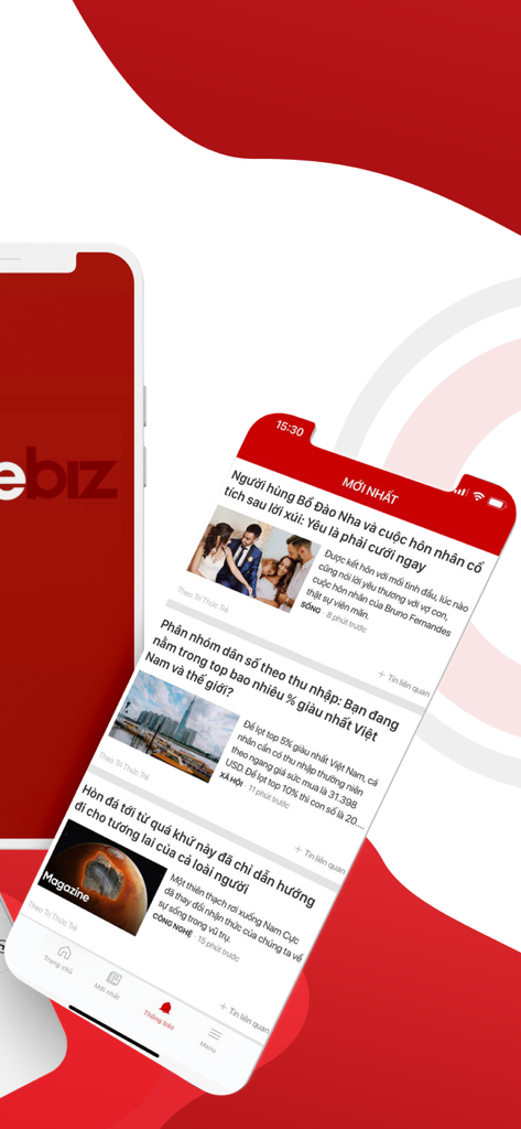 CafeBiz 베트남 모바일 앱에서 최신 비즈니스 및 금융 뉴스 피드를 표시하는 스마트폰