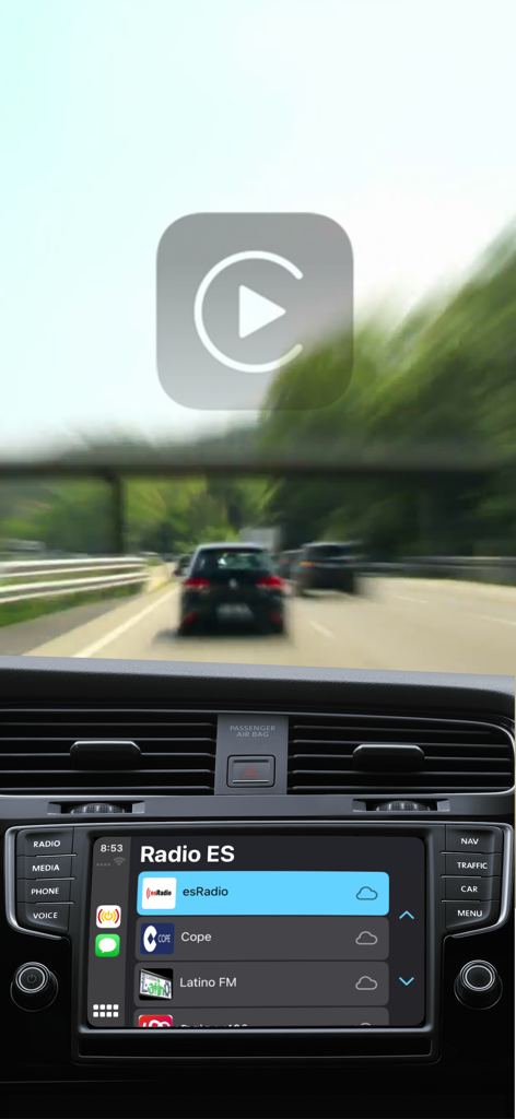 Radio ES app interface on a car dashboard display using Apple CarPlay