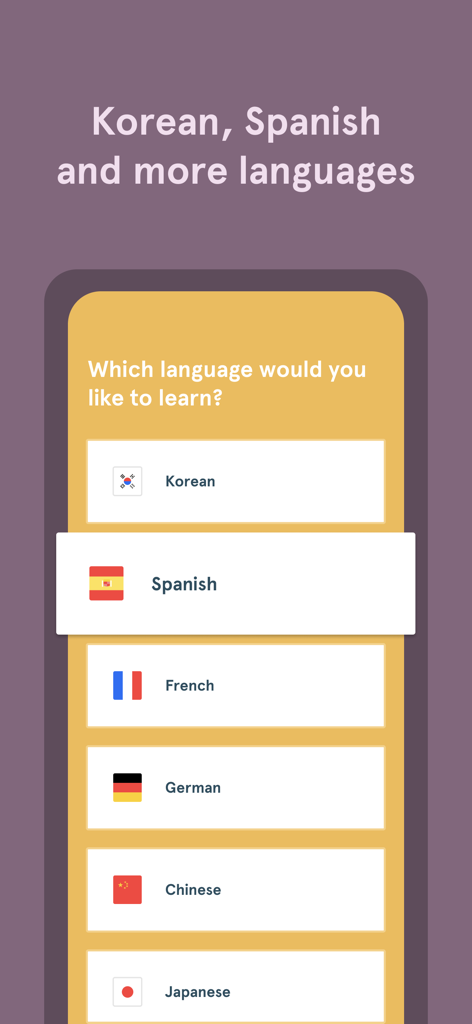 A screen in the Bunpo app showing a list of languages to learn including Korean Spanish French and Japanese