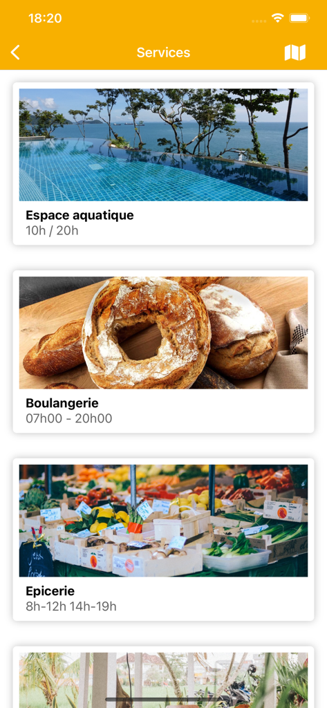 Cool'n Camp - Cool'n Camp mobile app interface showing a list of campsite services including aquatic area, bakery, and grocery store with opening hours.
