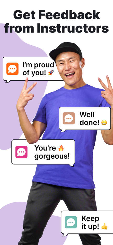 A smiling male instructor surrounded by positive feedback bubbles like Well done and Keep it up
