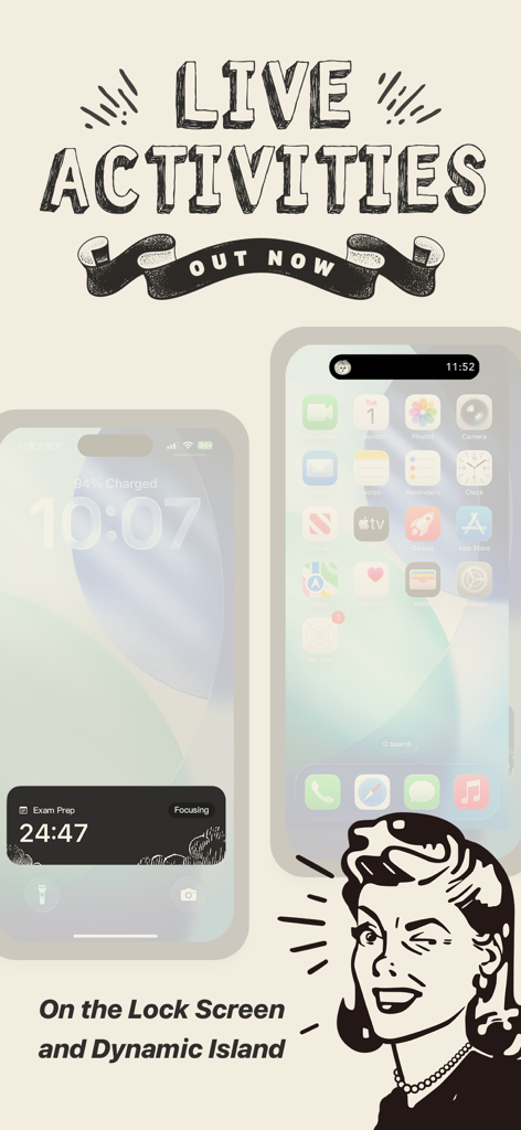 Focus Tomato - Let's focus now - Temporizador Focus Tomato mostrado en la pantalla de bloqueo del iPhone y la Dynamic Island