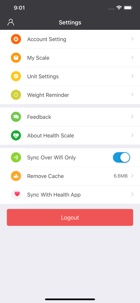 iTek Health Scale - Settings menu of the iTek Health Scale app featuring account management and Apple Health synchronization options