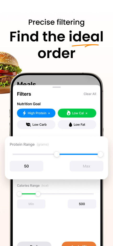 LeanBites - Healthy Dining - A smartphone interface showing nutritional goal filters for high protein and low calorie meals with protein and calorie range sliders