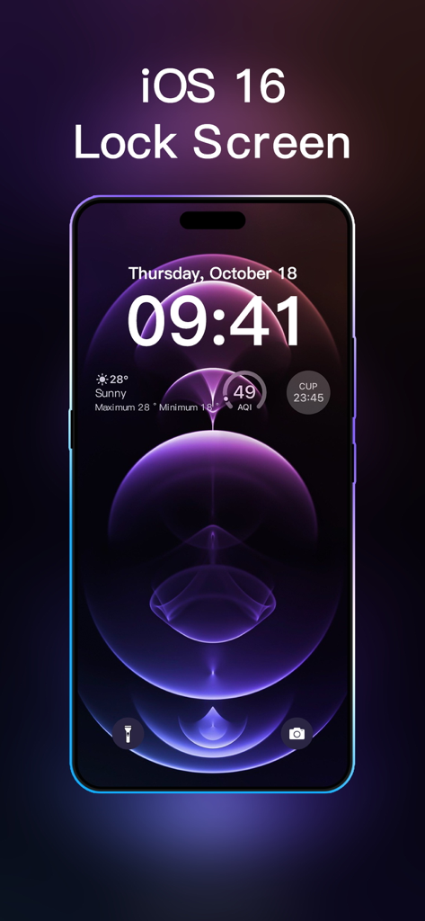 Custom iPhone lock screen featuring a purple abstract wallpaper and widgets