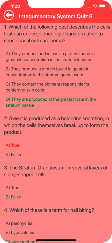 Integumentary System Trivia - Screenshot of a multiple-choice quiz screen in the Integumentary System Trivia app covering skin anatomy and medical terms.